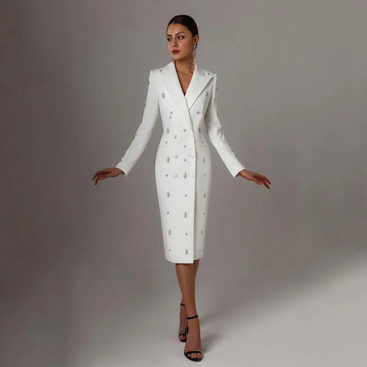 Maxy Handmade Beaded Women Suit Jacket Long Double-Breasted Coat Long Plus Size Bride Of Mothe Dress 1 Piece Ladies Business Blazer