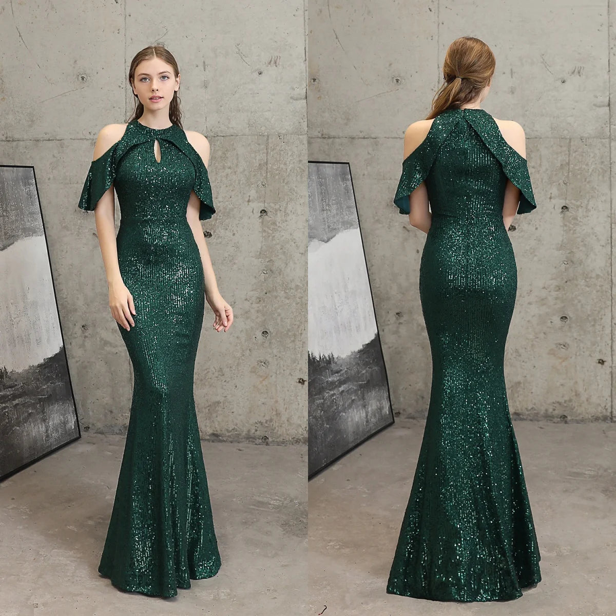 Maxy Evening Dresses Green Sequins Stretchy Halter Collar Zipper Back Mermaid Trumpet Floor Length Women Party Formal Gowns YE033