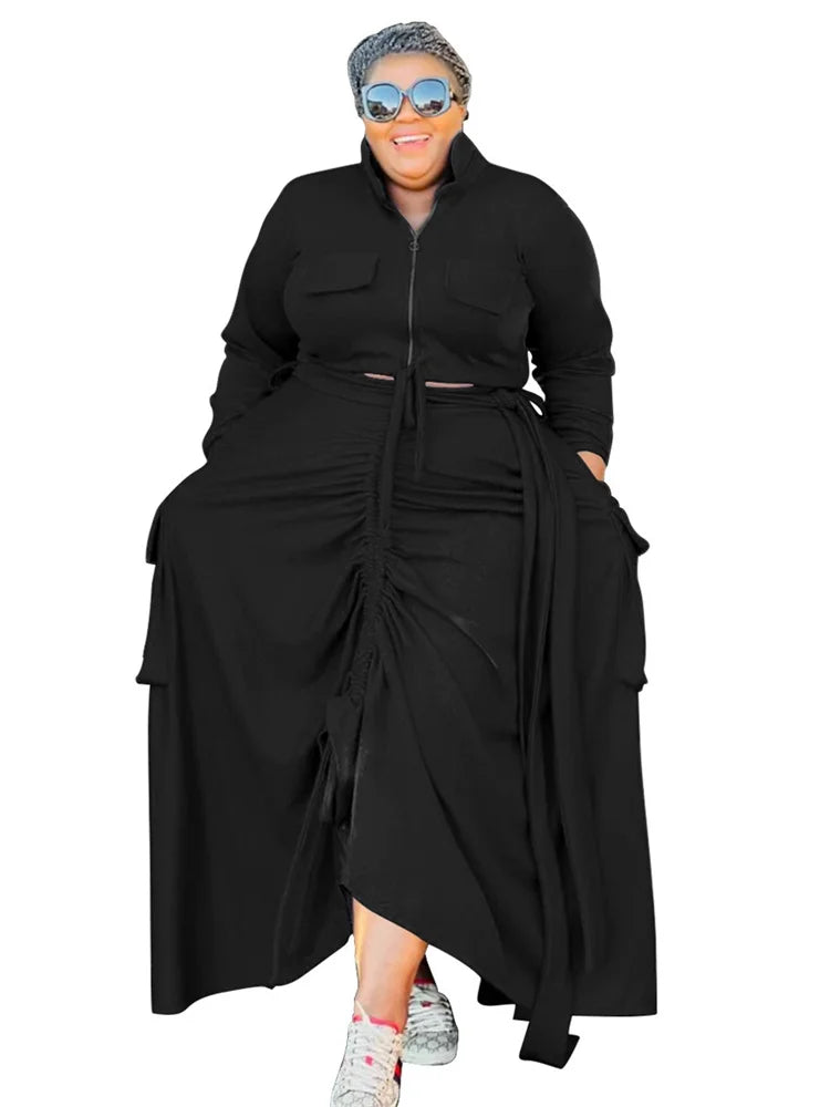 Wmstar Plus Size Two Piece Sets Women Fall Clothing Solid Zip Up Tops and Dress Sets Bandage New Wholesale Dropshopping 2024
