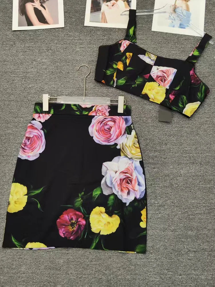 Maxy Retro flower prints long-sleeved shirt top spring/summer new+slim hip mini short skirt elegant two-piece women's suit