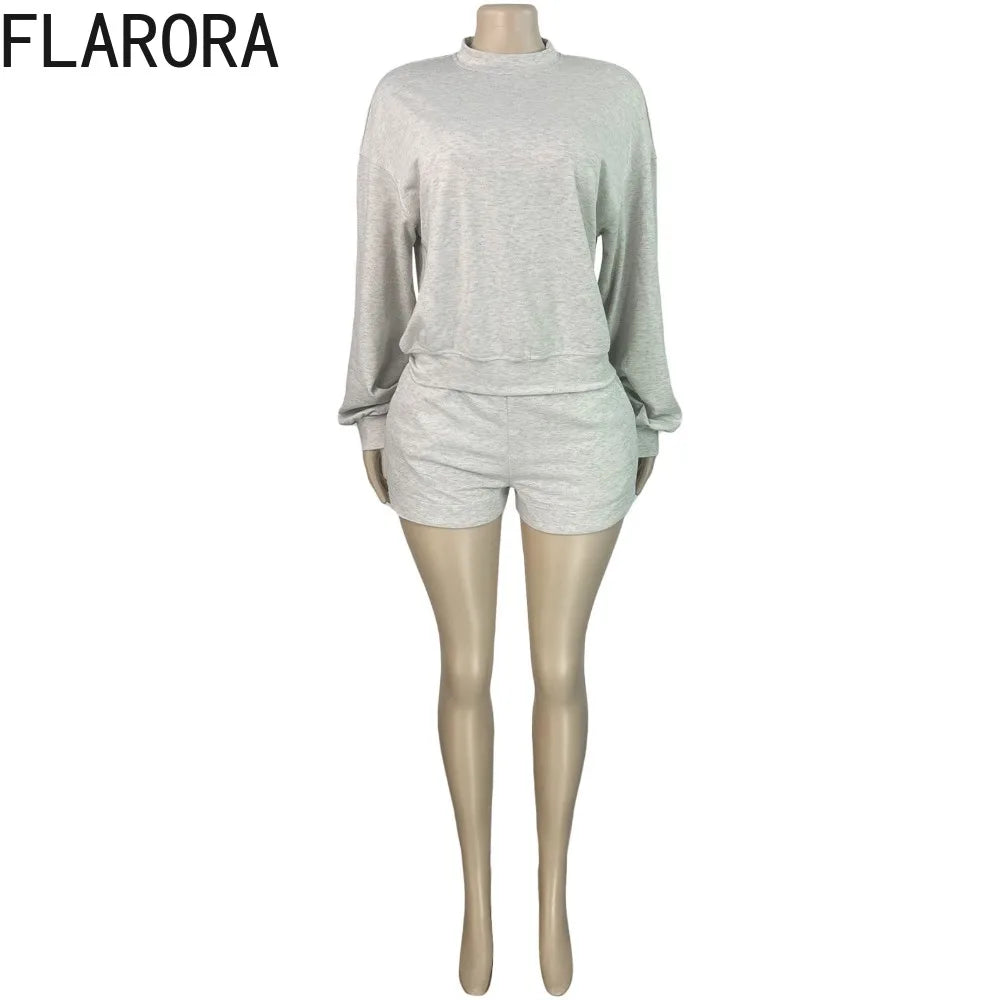 Maxy FLARORA Casual Sporty 2 Piece Sets Woman Solid Color O Neck Long Sleeve Pullovers And Drawstring Shorts Fall Street Tracksuits