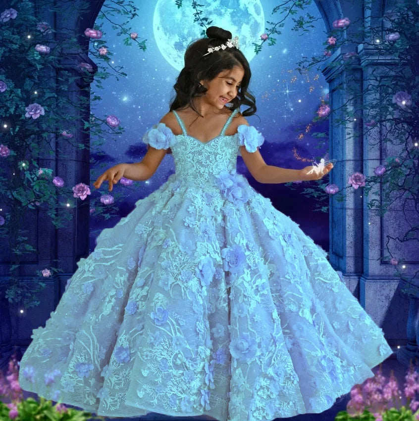 Maxy Lavender Flower Girl Dresses for Wedding Floral Appliques Bead Floor Length Girl Kids Birthday Party First Holy Communion Gowns