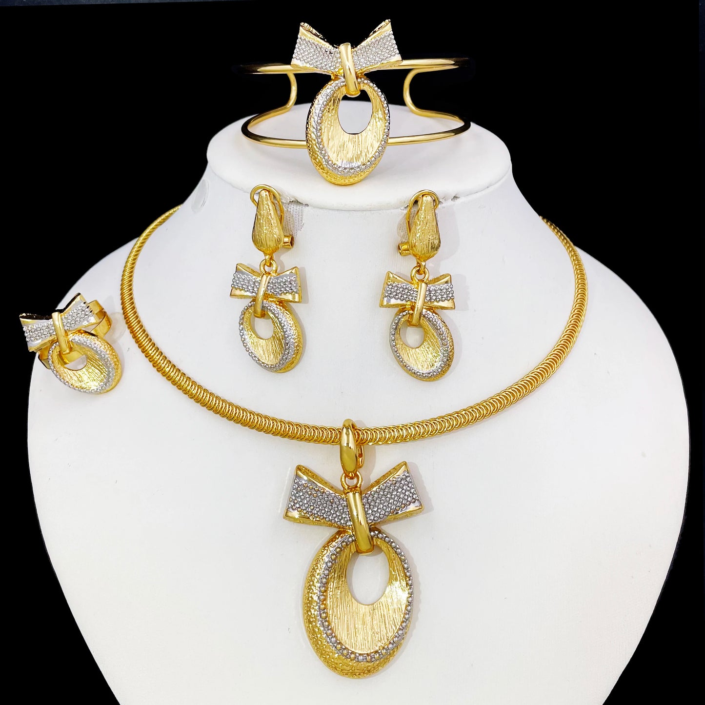 Maxy 18K Gold Plated Jewelry Set For Women Two Tone Design Open Bangle Earrings Necklace Ring 4Pcs Set Jewelry Wedding Party