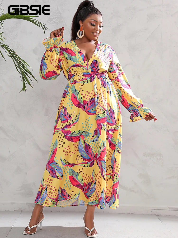 Maxy Plus Size Deep V Neck Boho Print Maxy Dress Women Spring Fall Casual Vacation Beach Elastic Waist Swing Dresses