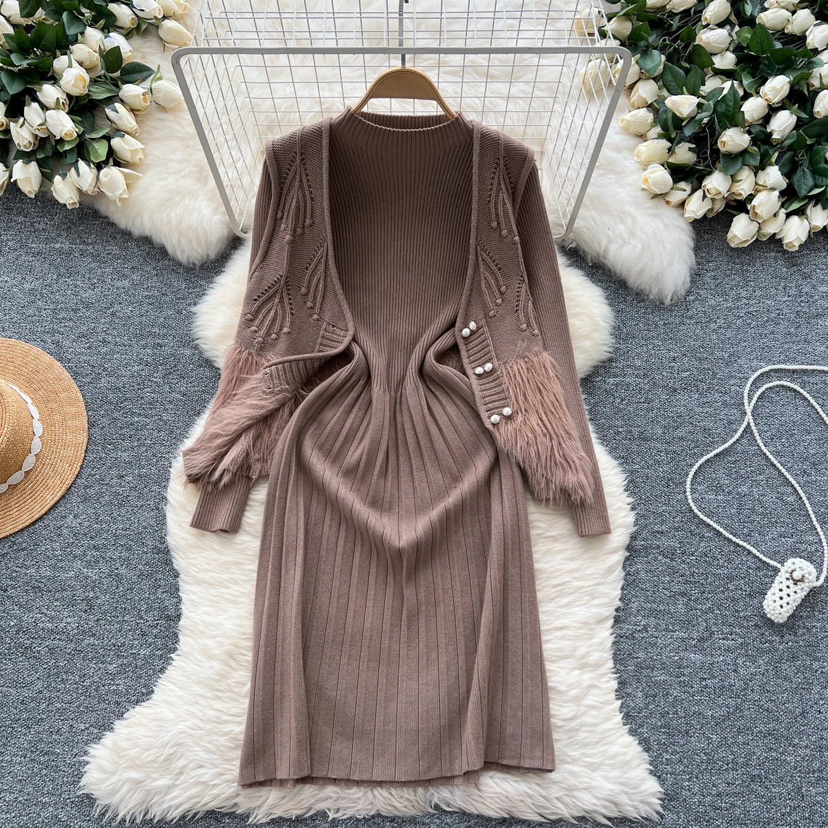 Maxy Chic Women Two-Piece Sets Basics O-neck Long Sleeve Knit Dress Slim Open Stitch Pearl Button Vest Elegant Evening Party Clothing