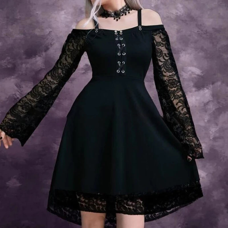 Maxy Women's Summer Gothic Mini Dress Large Size Sexy Off Shoulder Lace Bodycon Dresses Flared Sleeve Bandage Party Plus Size