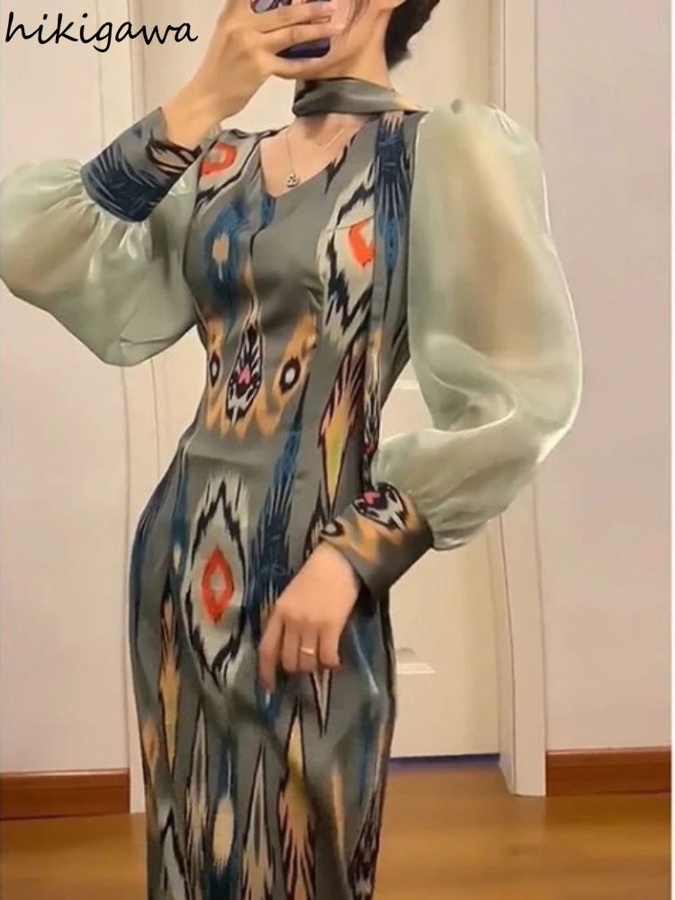 Maxy Dresses for Women Temperament Print Robe Femme V-neck Puff Sleeve Tunic Vintage Summer Dress