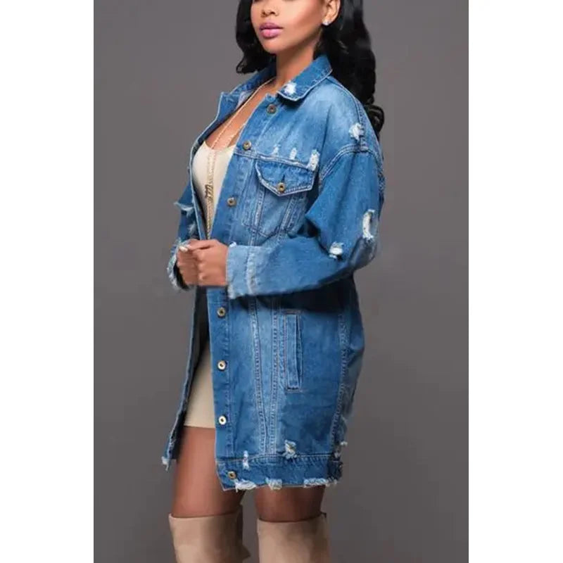 Maxy Europe and the United States new style women's street trend jacket long style jeans trench coat denim jacket women