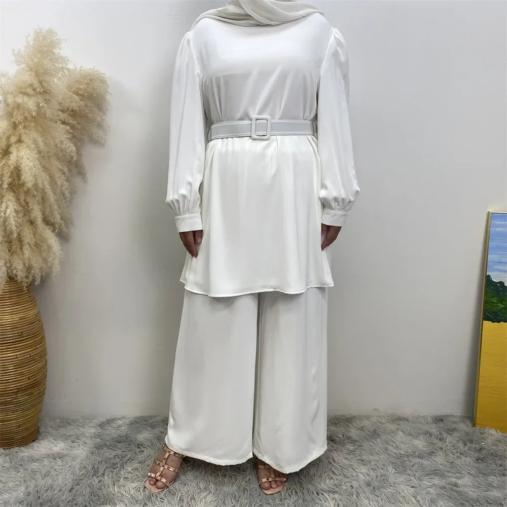 Maxy Muslim Women Long Sleeve Tops Wide Leg Pants Set Eid Ramadan Islam Clothing Dubai Turkey Kaftan Dress Arabic Outfits Suit Abaya