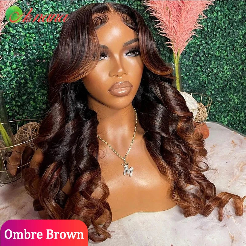 Amay Ombre Ginger Brown Colored 13x6 HD Transparent Lace Frontal Wig Wave Pre-Plucked 12A Grade Lace Closure Human Hair Wig For Women