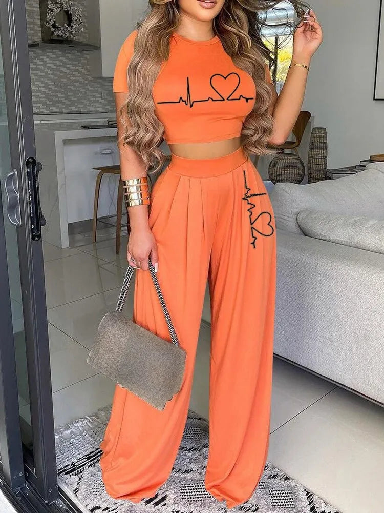 Maxy Women Open Bellybutton Set Summer Leisure Fashion Heartbeat Short Sleeved Top High Waist Women Wide Leg Long Pants Two Piece Set