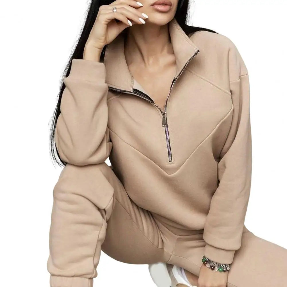 Maxy 2 Pcs/Set Fall Sweatshirt Pants Set Loose Warm Stand Collar Elastic Waist Lady Autumn Tracksuit for Daily Wear