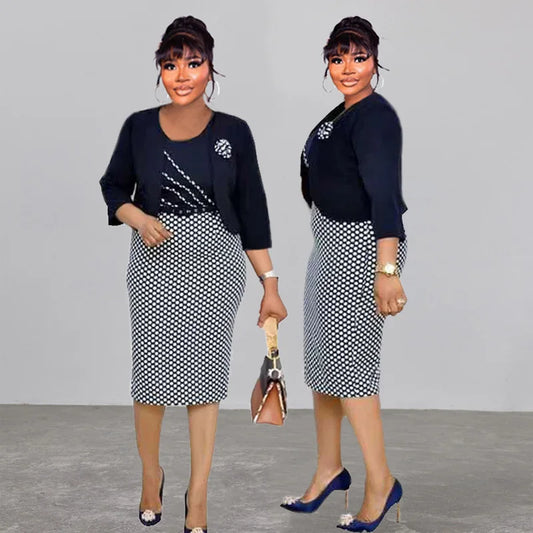 Amay Cross-border explosion African women's round neck plaid OL temperament patchwork commuter dress + small coat two-piece set