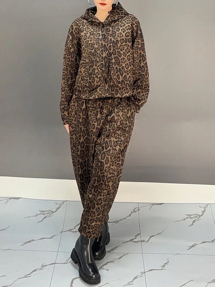 Maxy SHENGPALAE Print Pants Set For Women Single Breasted Hooded Jackets + Harem Trousers Vintage Style New Clothing 5C1760