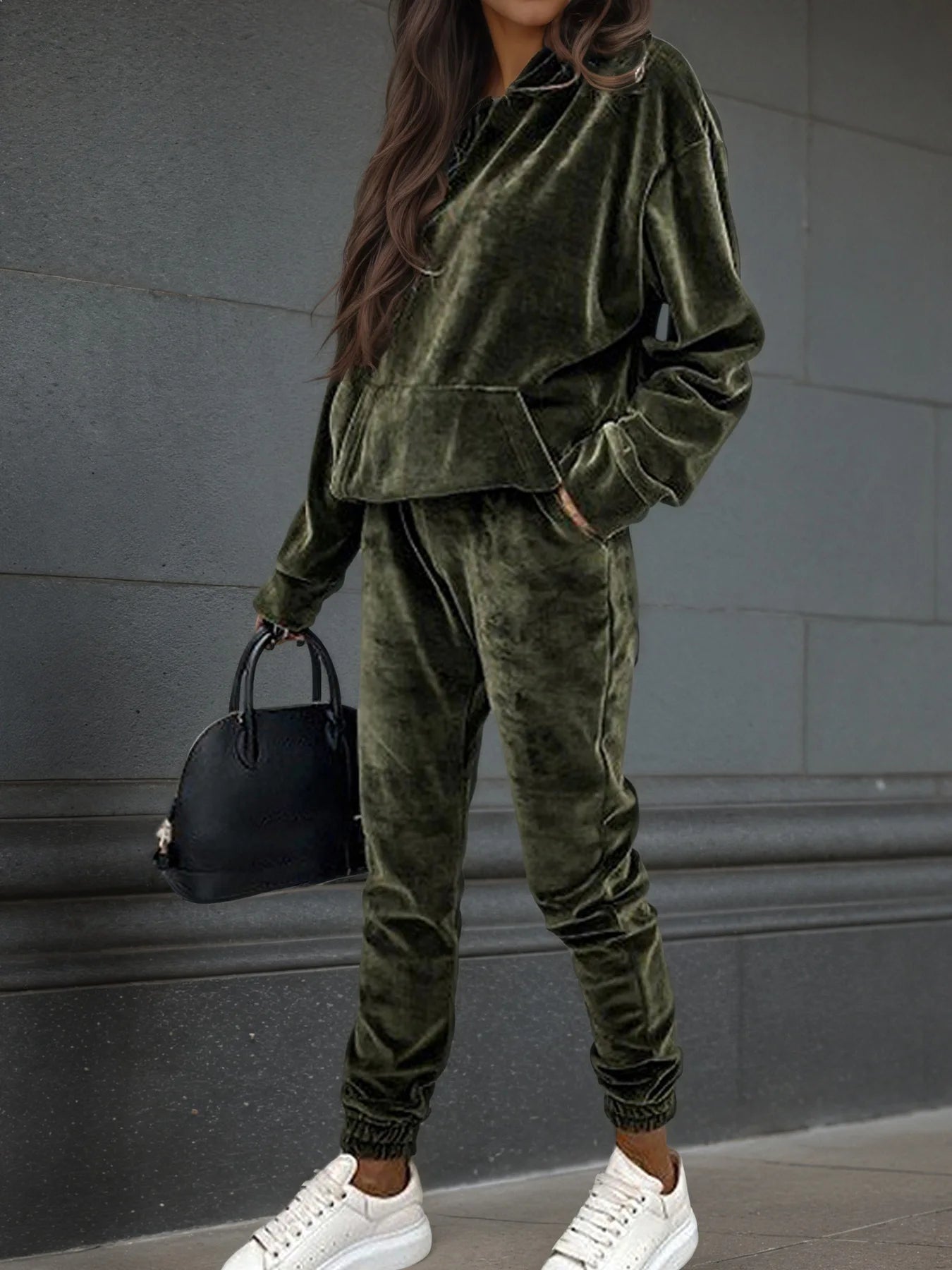 Maxy Autumn Winter Velvet Tracksuit Set Elegant Soft Pocket Pullover Top Female Loose Sweatsuit Pants Suit Two Piece Set Outfits