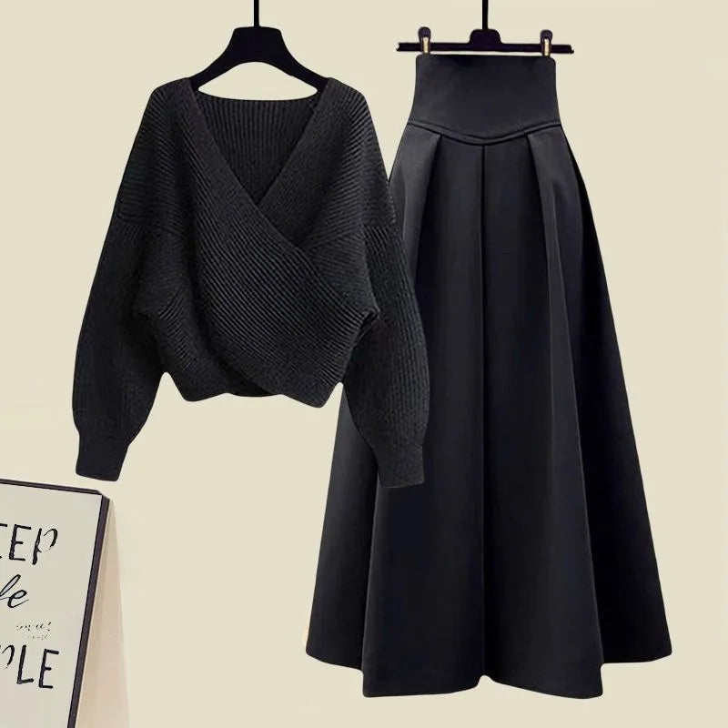 Maxy Style Autumn New Chest Cross Knitted Sweater Pullover Pleated Half Skirt Two-piece Set Fashionable Women's Skirt Set