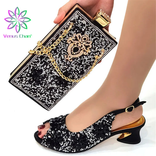 Maxy Design Shoes with Matching Bags for Wedding High Heels Women Wedding Shoes Decorated with Rhinestone Shoe and Purse Set