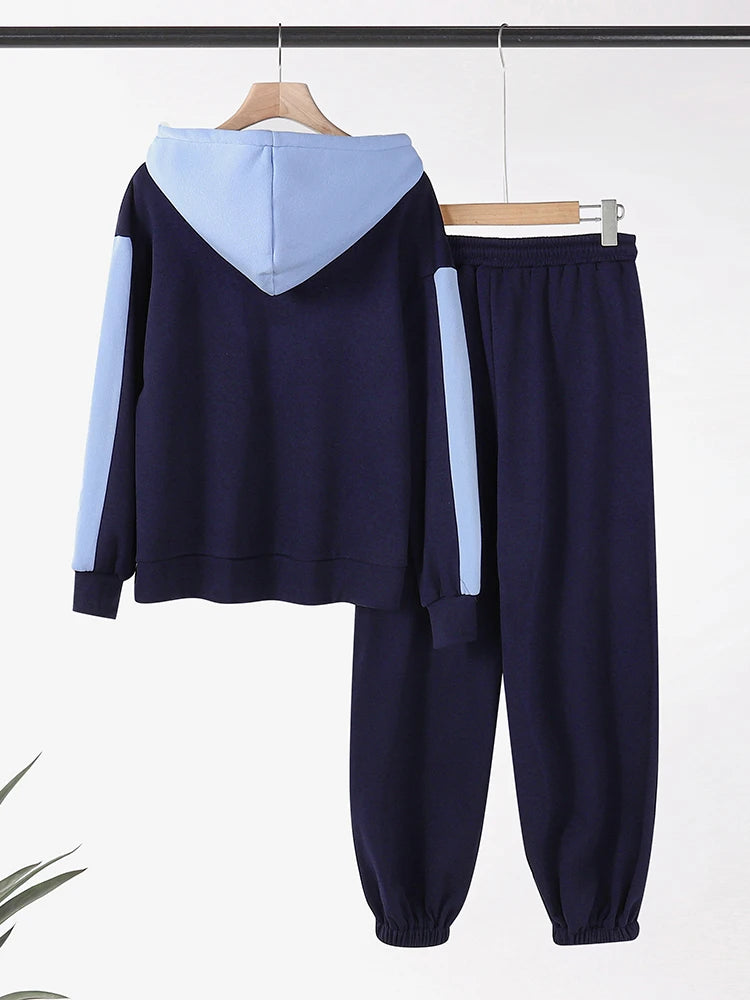Amay Women Two Piece Sets Casual Colorblock Long Sleeve Autumn Tracksuit Chic Drawstring Hoodie Pants Set Sporty Outfits