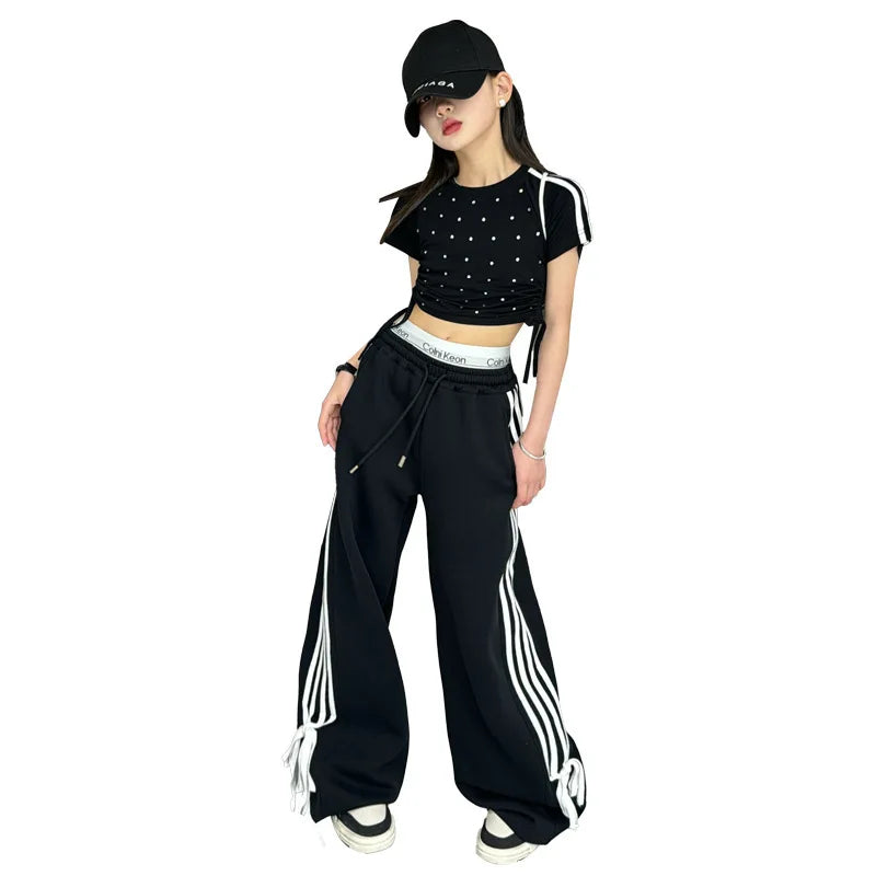 Maxy Girl's Fashion Set Black Hot Diamond T-shirt + Side Striped Pants Korean High Summer Set Kids Two Piece Suit Princess Clothing