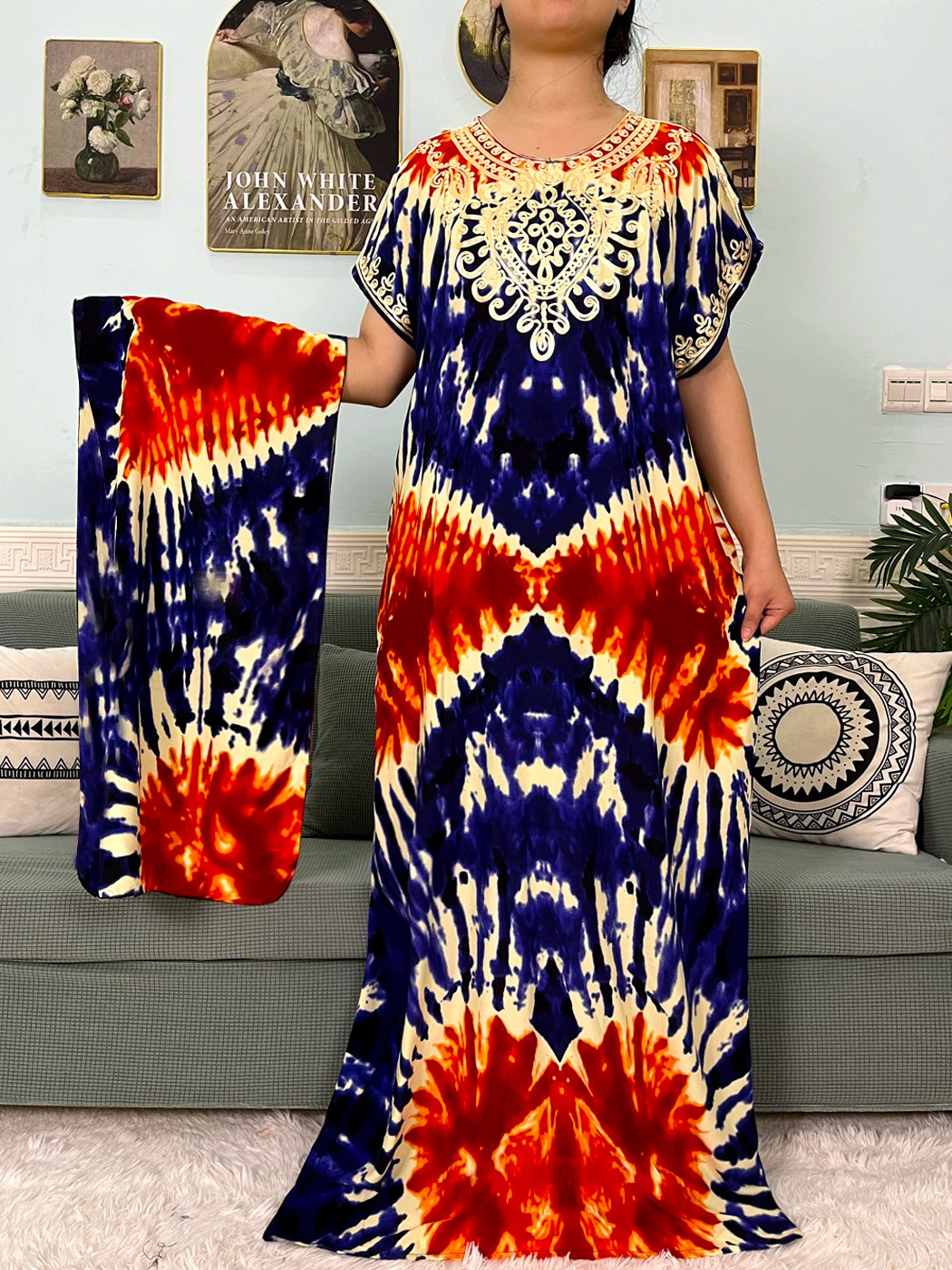 Maxy Muslim Cotton Abayas For Women Appliques Printed Caftan Marocaine Femme Robe Boubou African Islam Dresses With Headscarf