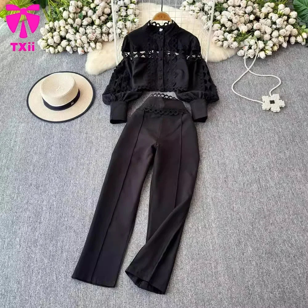 Maxy Vintage court style lantern long sleeve stand collar hollow lace top two-piece high waist temperament professional cropped pants