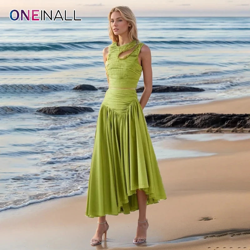 Maxy Asymmetrical Skirt Two Piece for Women O Neck Sleeveless Hollow Out Crop Tops High Waist Pleated Skirt Solid Set Female