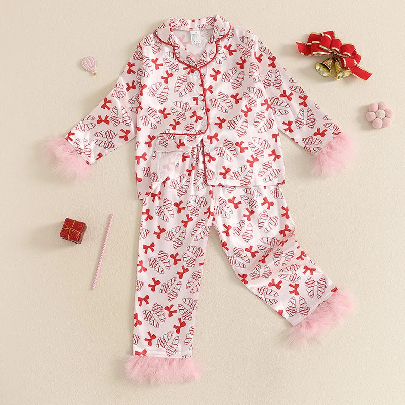 Babs Girl 2Pcs Christmas Pajamas Long Sleeve Bow Mug Print Shirt Pants Set Kid Sleepwear