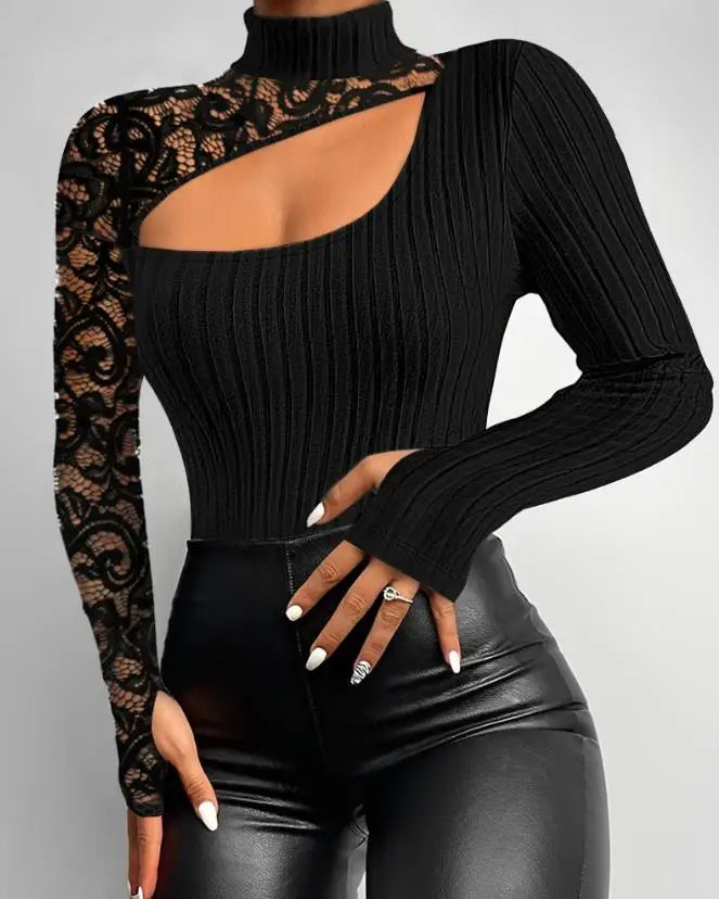 Amay Hollow Lace Patch Standing Collar Ribbed Top Casual New Fashion 2023 Best-Selling Women's Long Sleeves