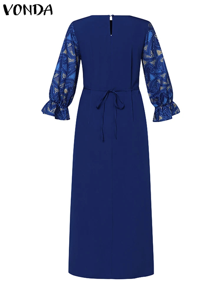 Maxy VONDA Women Long Dresses Bohemian Round Neck Puff Sleeve Vintage Dress Floral Printed Party Evening dress