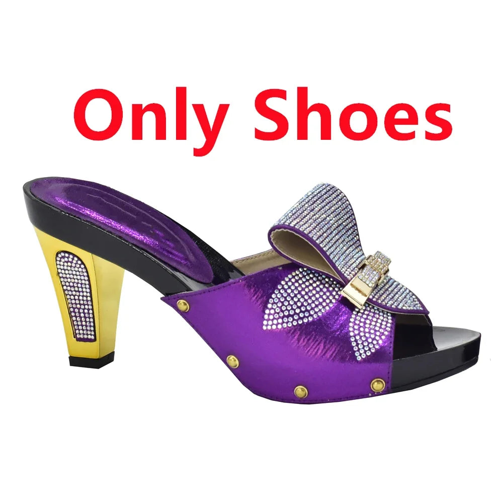 Maxy Leather Shoes and Bag Set Purple Women Shoes and Bag Set in Ladies Shoe and Bag Set with Rhinestone