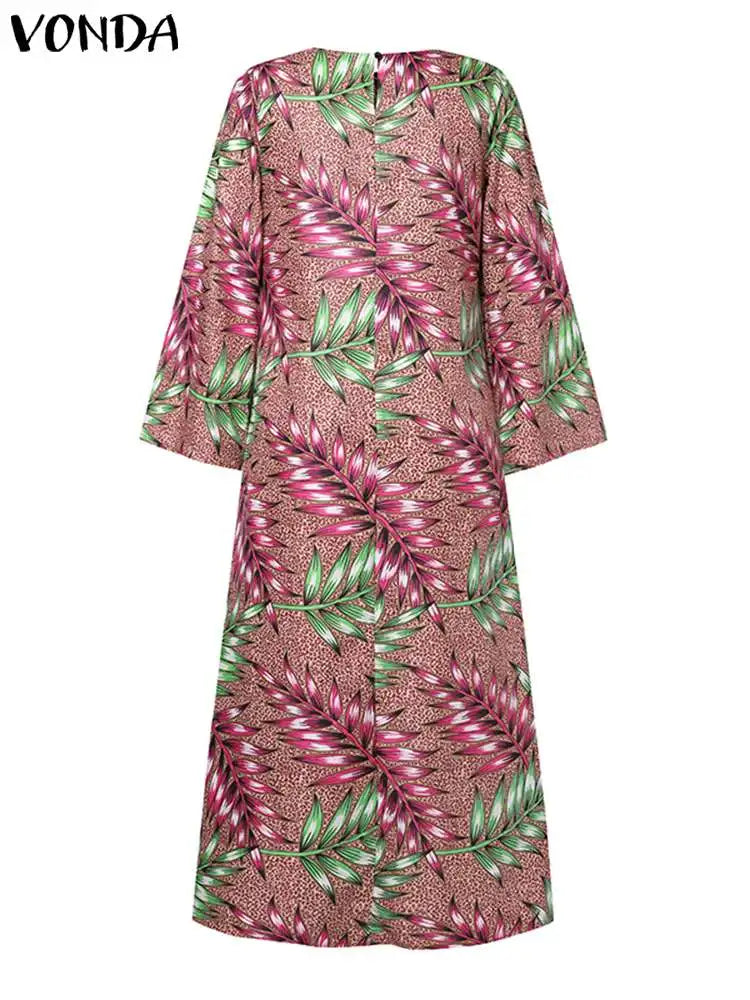 Maxy Plus Size 5XL Women Bohemian Printed Maxy Dress Long Sundress Long Flare Sleeve Casual Loose Elegant Party Vestido Robe