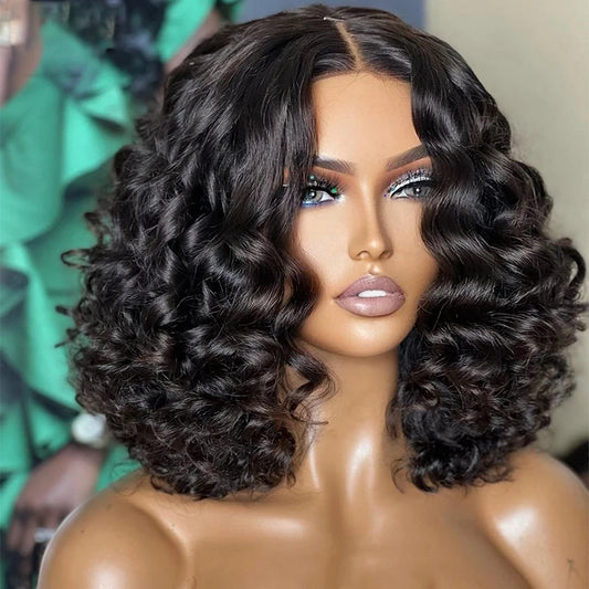 Amay Soft Glueless 180Density Short Cut Bob Natural Black Curly Deep Wave Lace Front Wig For Women With Baby Hair Preplucked Daily