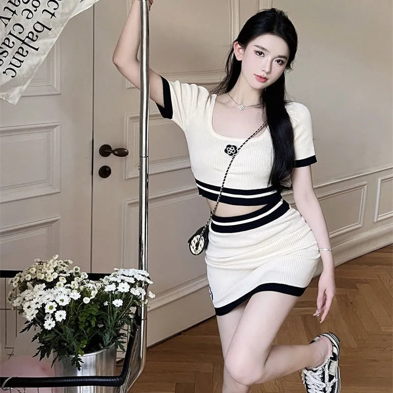 Amay Spicy Girl Fashion Embroider T-shirt Top Wrap Hip Skirt Two Piece Set Women Stripe Square Neck Elastic Sweet Summer Slim Suit
