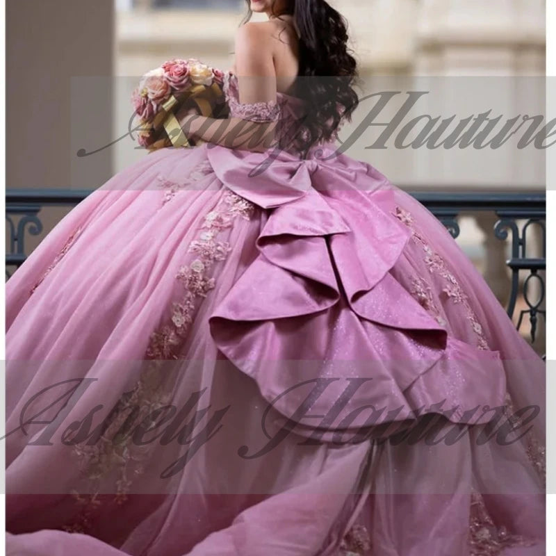Maxy Princess Customized Mexican Pink Ball Gown Quinceanera Dresses For 15 Girls Beaded Appliques Women Prom Celebrity Party Gowns Vestidos
