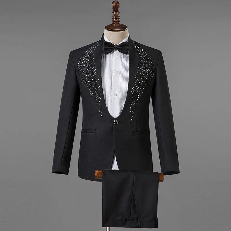 Amay Royal Blue Sequin Embroidery Suit Men Wedding Groom Tuxedo Suits Pants Mens One Button Peak Lapel Stage Costume Traje Hombre 2XL