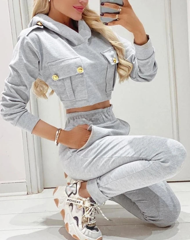 Maxy Women's Sports Suits Autumn Winter Latest Exposed Navel Long Sleeve Hooded Sweatshirt & Elastic Waist Pocket Long Pants Set