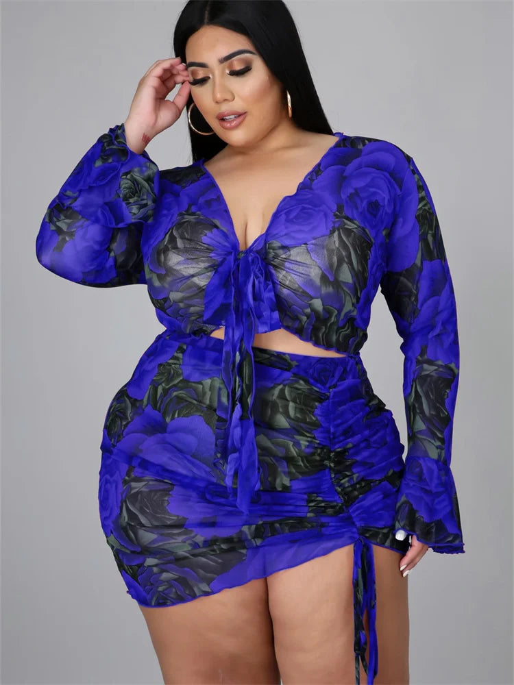 Wmstar Plus Size Women's Clothing 3xl 4xl Mesh Dress Sets Two Piece Set Bandage Short Skirts Printed Wholesale Dropshipping 2024