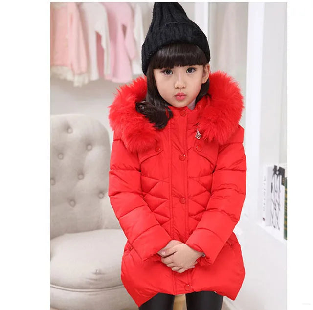 Maxy Kids Cothing Warm Padding Jacket For Girl Long Winter Thicken Parka With Fur Hood Children Outerwear Coats 4 6 8 10Year old