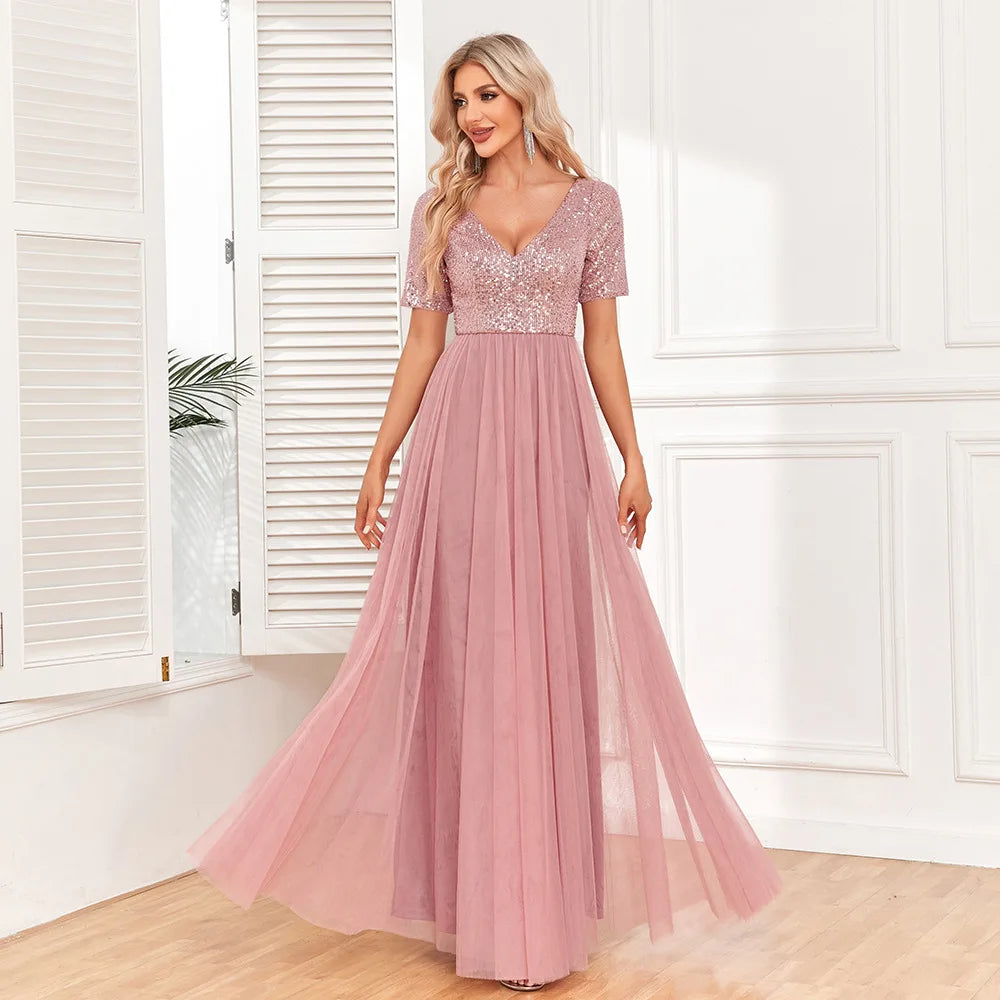 Maxy Ladies Elegant Short Sleeved Dress with Lace Embroidery V-neck A-line Sequin Evening Dress Bridesmaid Party Graduation Dres