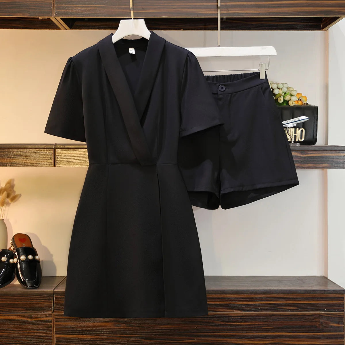 Maxy Women Blazer 2 Piece Suit Mini Dress Top And Shot Pant Two Piece Set Matching Outfit Female Fashion Casual Clothes Plus Size 5XL