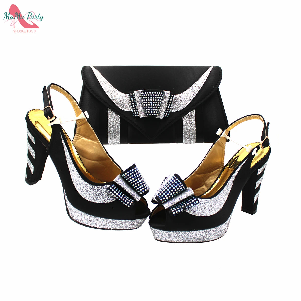 Momsey 2024 Specials Design Black Color Nigerian Women Shoes and Bag Set High Quality Slingback Sandals with Appliques for Wedding