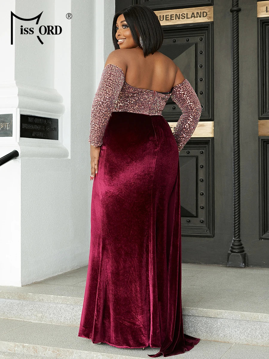 Maxy Wine Sequin Velvet Plus Size Party Dress Women Off Shoulder Long Sleeve Draped Bodycon Mermaid Evening Dresses Prom Gown