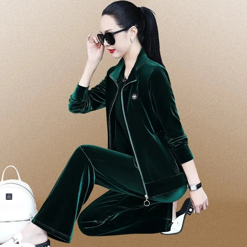 Maxy Leisure Sports Suits Women Spring Autumn New Fashion Sweatshirt Gold Velvet Running Suit Oversize 4XL Loose Three-Piece Set