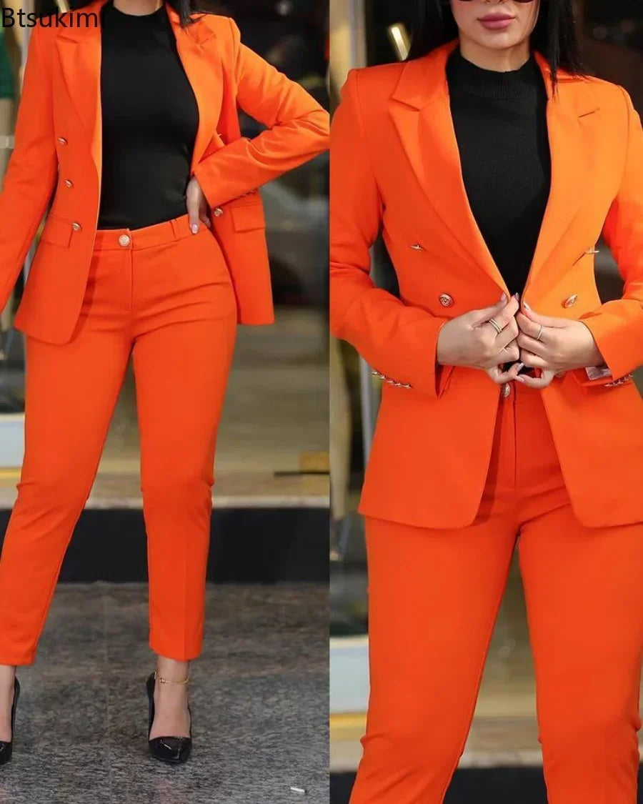 Maxy Women's Formal Office Pant Sets 2PCS Double Breasted Solid Blazers Jacket and Pants Two Pieces Set Female Pant Suits