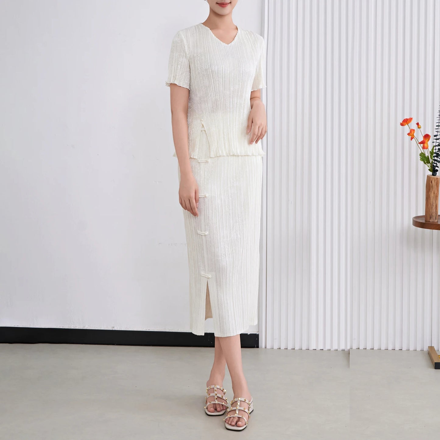 Maxy Summer New Miyake Pleated Set Women's Casual Two-Piece Outfit with Chinese Vintage Style Shirt and Skirt