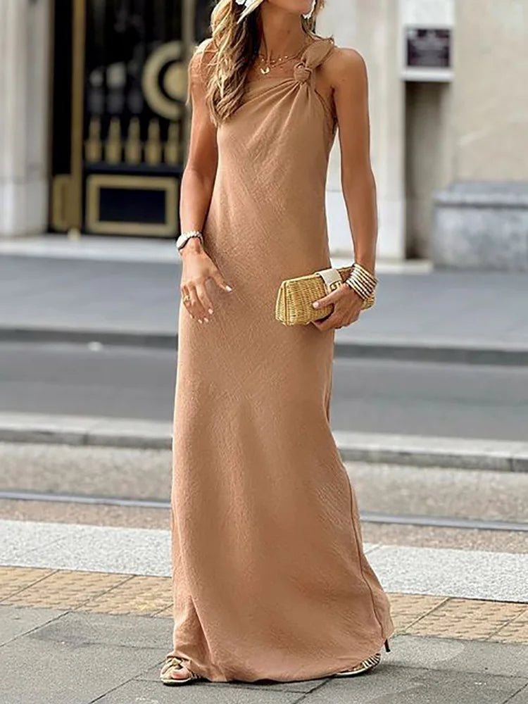 Maxy Inclined shoulder Sleeveless Patchwork Party Dress, Women Summer Diagonal Collar Maxy Dress, New Sexy Backless Ladies Dress