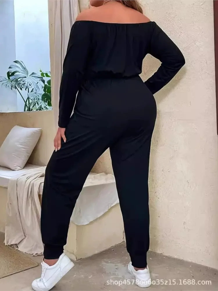 Babs Plus Size Summer Elastic High Waist Jumpsuit Women Off Shoulder Fashion Ladies Jumpsuits Loose Long Sleeve Woman Jumpsuit