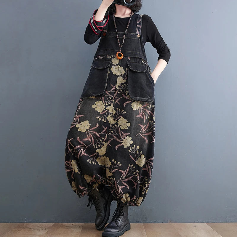 Maxy Slimming Floral Print Denim Overalls Women's Loose Fit High Waist Long Pants Autumn Season Fation plus Size Jeans Overalls