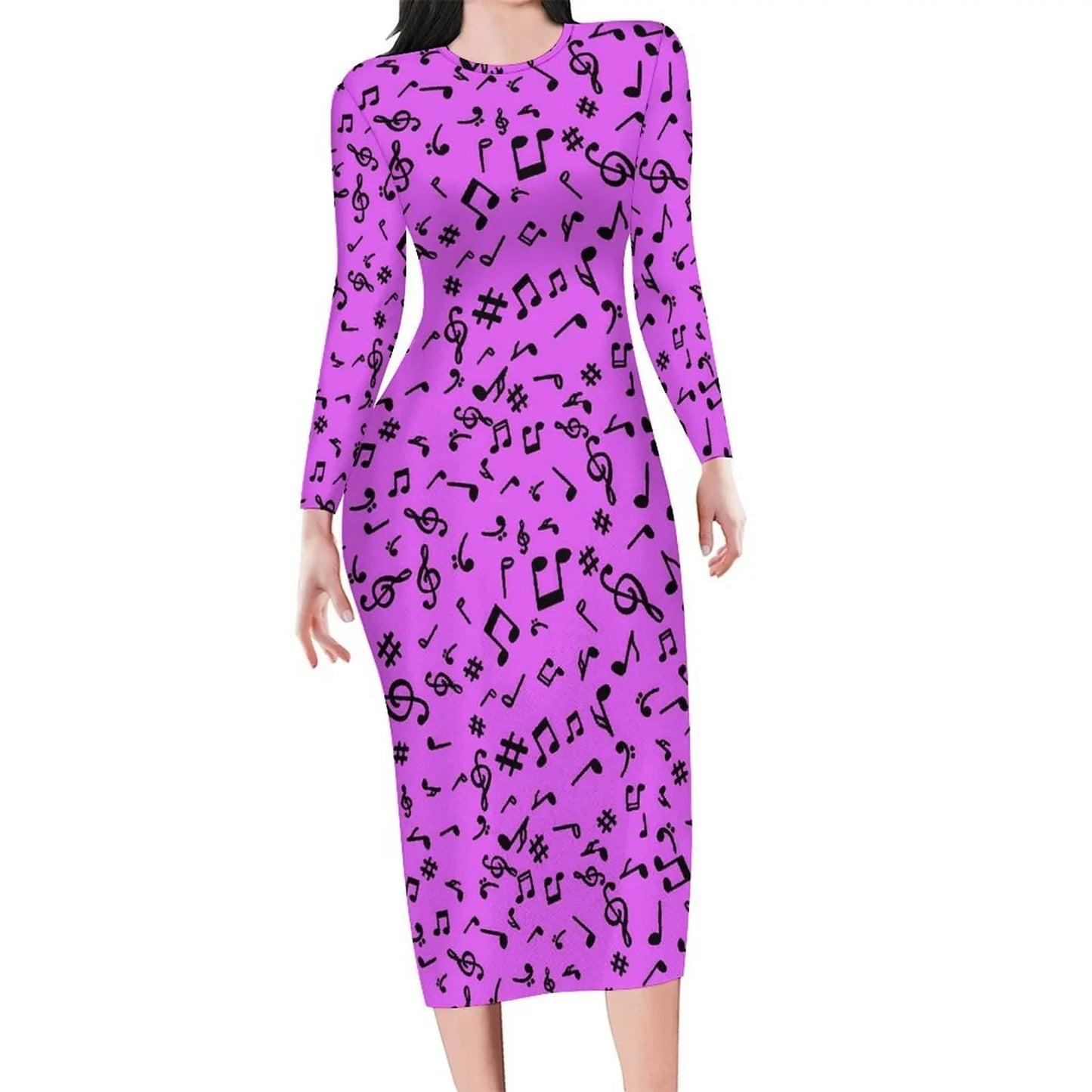 Amay Rainbow Music Notes Dress Long Sleeve Retro Print Kawaii Dresses Autumn Ladies Aesthetic Custom Bodycon Dress 3XL 4XL 5XL