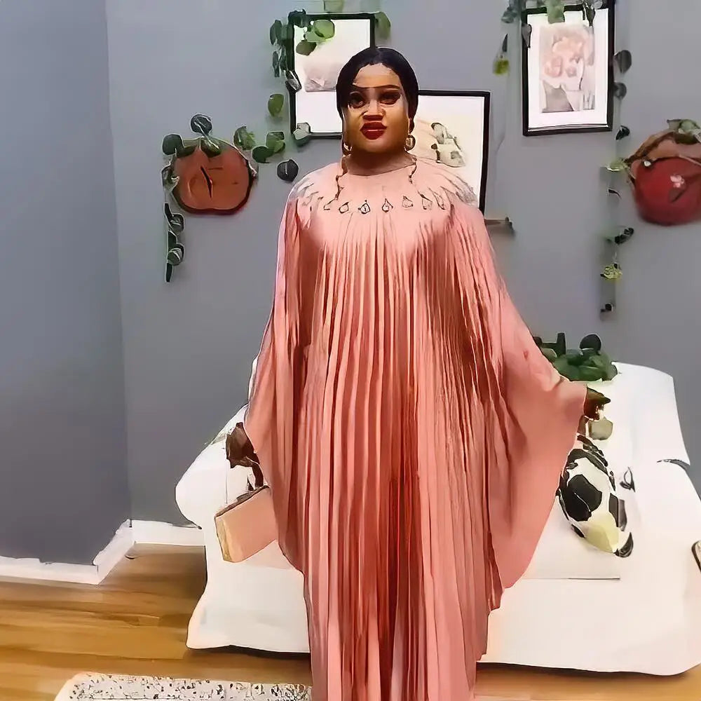 Maxy Women Pleated Diamonds Loose Maxy Evening Dress Djellaba Boubou Robe African Ankara Dashiki Dubai Turkey Abaya Kaftan Party Gown